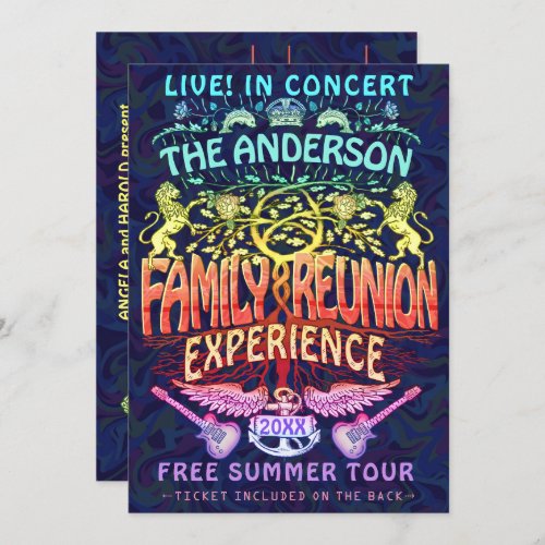 Family Reunion Band Retro 70s Concert Ticket Neon Invitation