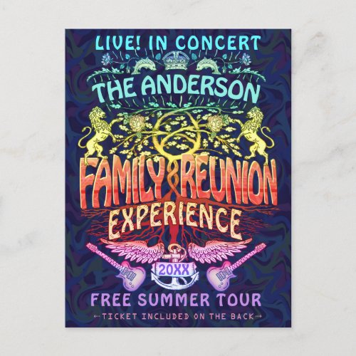 Family Reunion Band Retro 70s Concert Ticket Neon Postcard