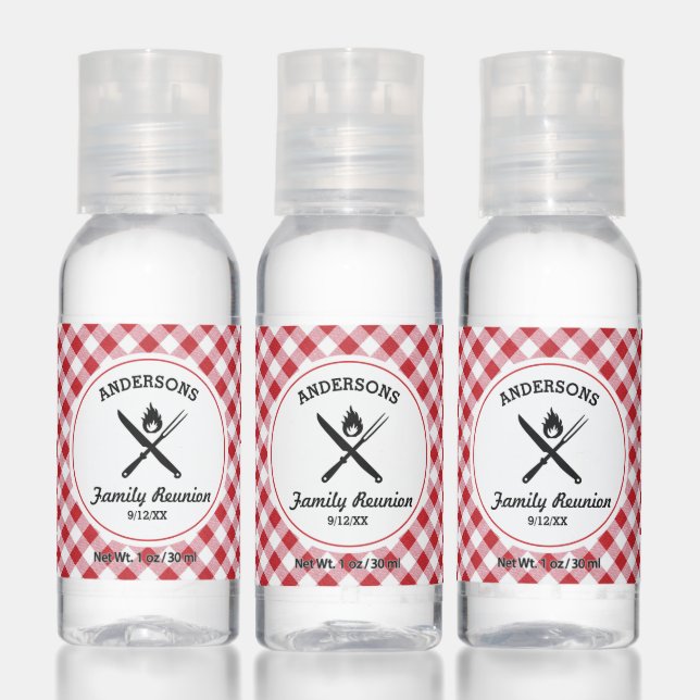 Family Reunion BBQ Red Gingham Check Custom Text Hand Sanitizer (Set)