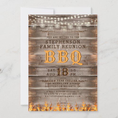 Family Reunion BBQ Rustic Wood String Lights Invitation