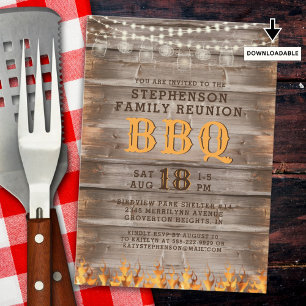 Family Reunion BBQ Rustic Wood String Lights Invitation