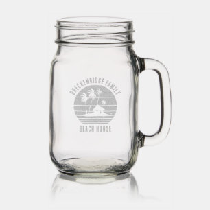 Family Reunion Beach House Name Palm Trees Custom Mason Jar W/ Handle