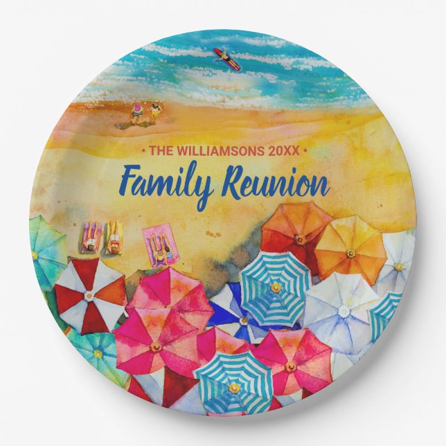 Family Reunion Beach Umbrellas on the Sand Paper Plates (Front)