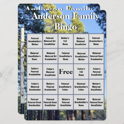 Family Reunion Bingo Card Pine Tree Forest Photo