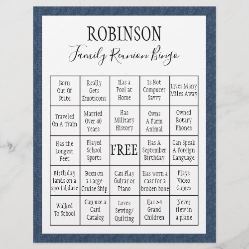 Family Reunion Bingo Game Blue Tile