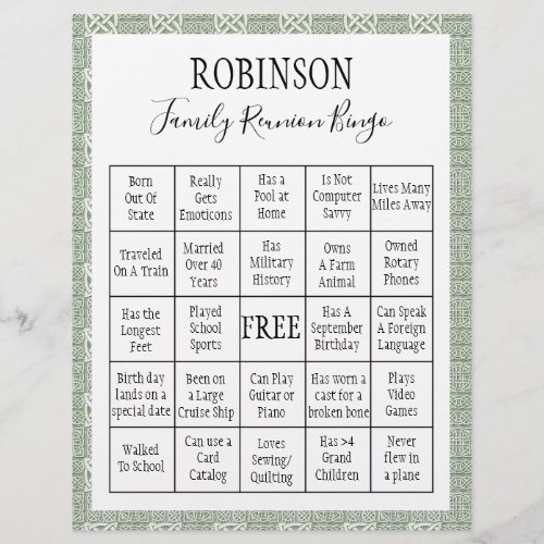 Family Reunion Bingo Game Green Tile