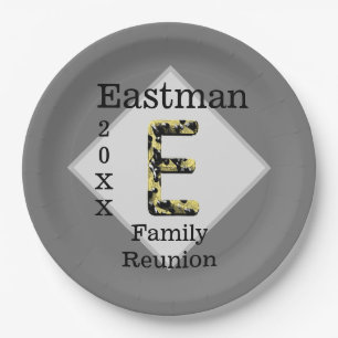 Family Reunion Black and Gold Letter E Monogram Paper Plates