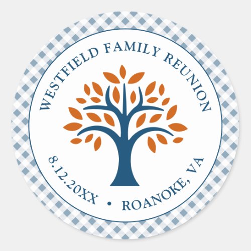 Family Reunion Blue Check Modern Family Tree Classic Round Sticker