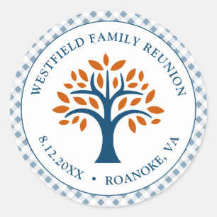 Family Reunion Blue Check Modern Family Tree Classic Round Sticker