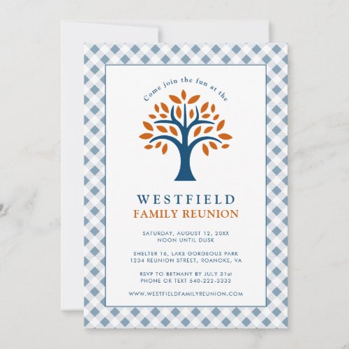 Family Reunion Blue Check Modern Family Tree Invitation