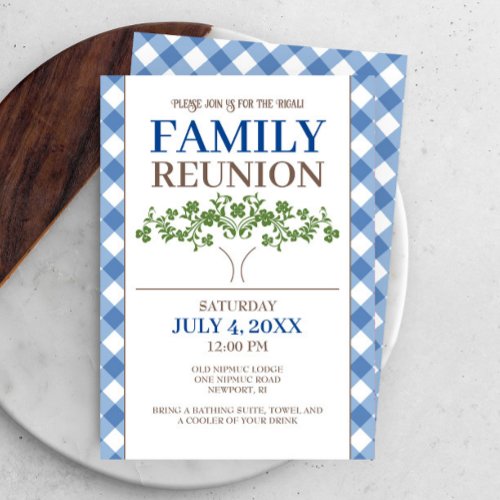 Family Reunion Blue Gingham Tree Invitation