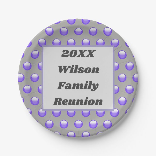 Family Reunion Blue Gray Modern Polka Dot Paper Plates (Front)