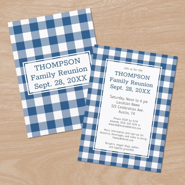 Family Reunion Blue White Buffalo Check Party Invitation (Family Reunion Blue White Buffalo Check Party Invitation, front/back)