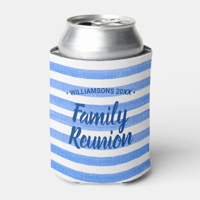 Family Reunion Blue White Stripe Can Cooler (Can Front)