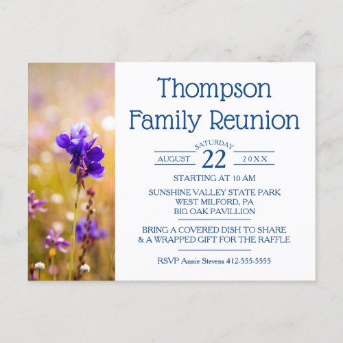 Family Reunion Blue Wildflowers Invitation Postcard