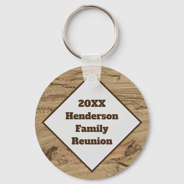Family Reunion Brown Wood Grain Photo Keepsake Keychain (Front)