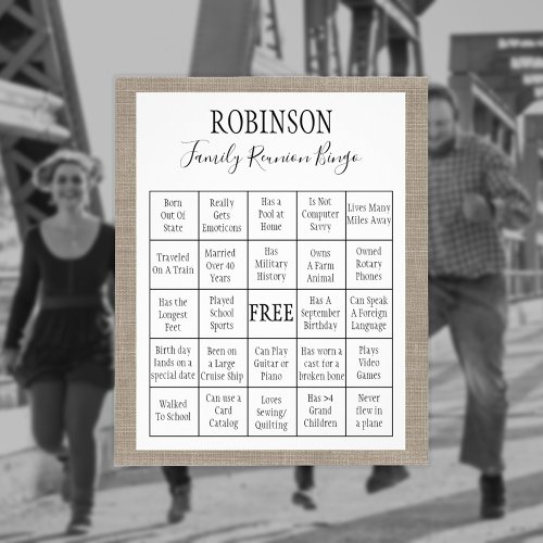 Family Reunion Burlap Bingo Game Flyer