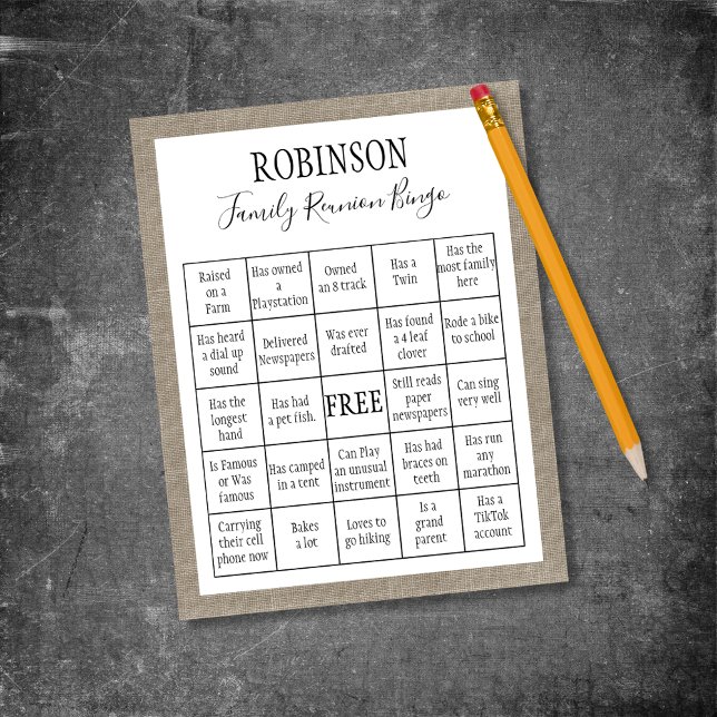 Family Reunion Burlap Customizable Bingo Game Card Flyer (Creator Uploaded)