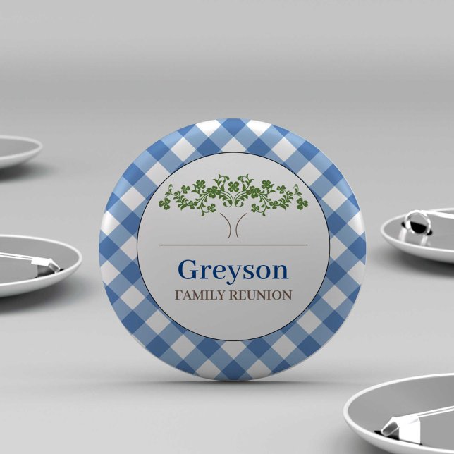 Family Reunion Buttons Blue Gingham Theme (personalized family reunion buttons blue gingham print with tree and custom text.)