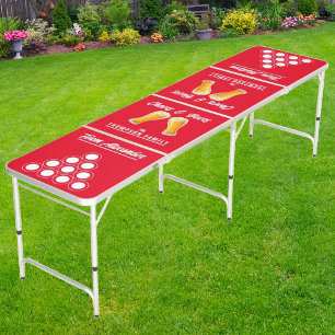 Family Reunion Champions with Team Names Red Beer Pong Table