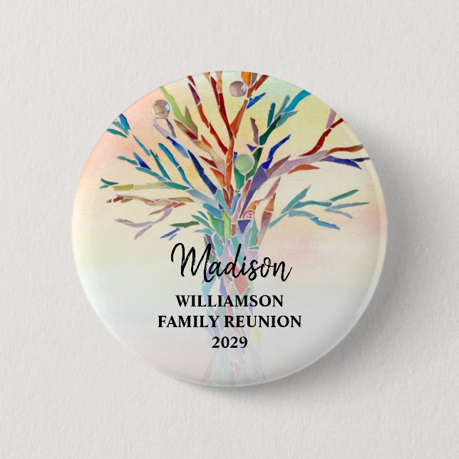 Family Reunion Colorful Family Tree Custom Name  Button (Front)