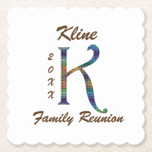 Family Reunion Colorful Mosaic Letter K Monogram Paper Coaster