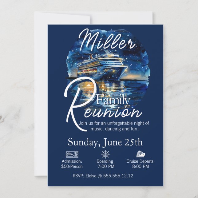 Family Reunion Cruise Ship Blue & White Invitation (Front)