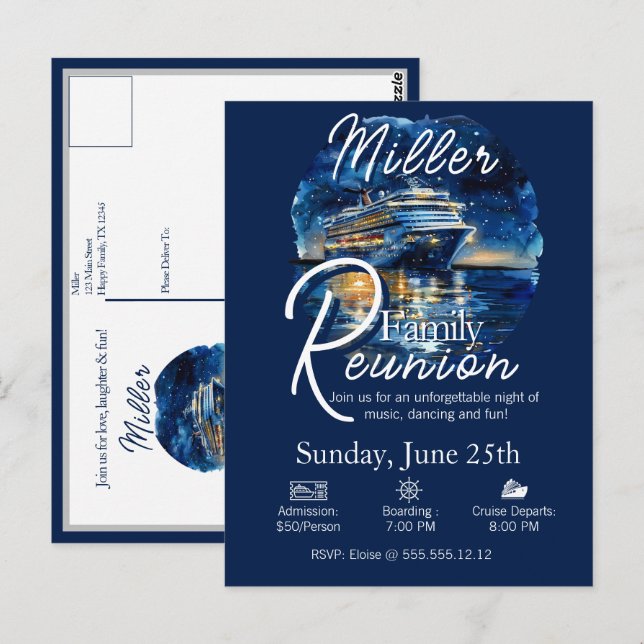 Family Reunion Cruise Ship Blue & White Invitation Postcard (Front/Back)