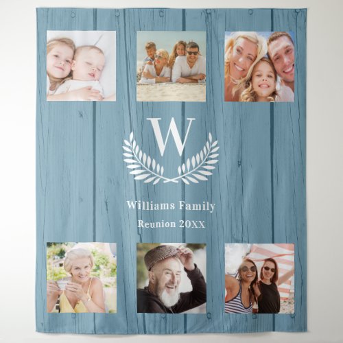 Family reunion custom photo collage monogram blue tapestry