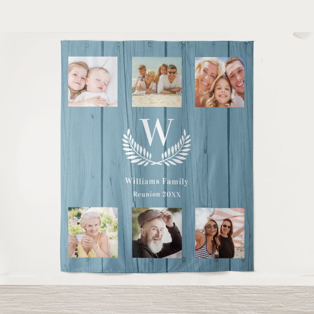 Family reunion custom photo collage monogram blue tapestry (Front)