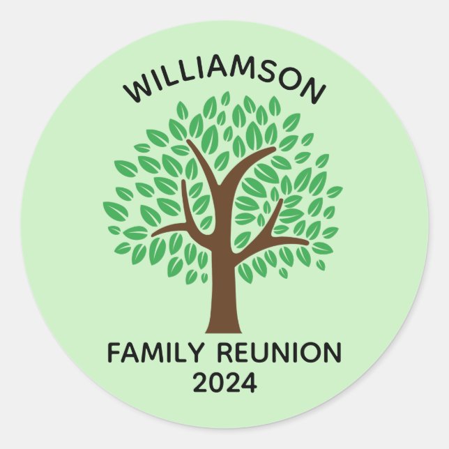 Family Reunion Cute Green Tree Custom Party Classic Round Sticker (Front)