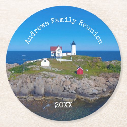 Family Reunion Date Maine Nubble Lighthouse Round Paper Coaster