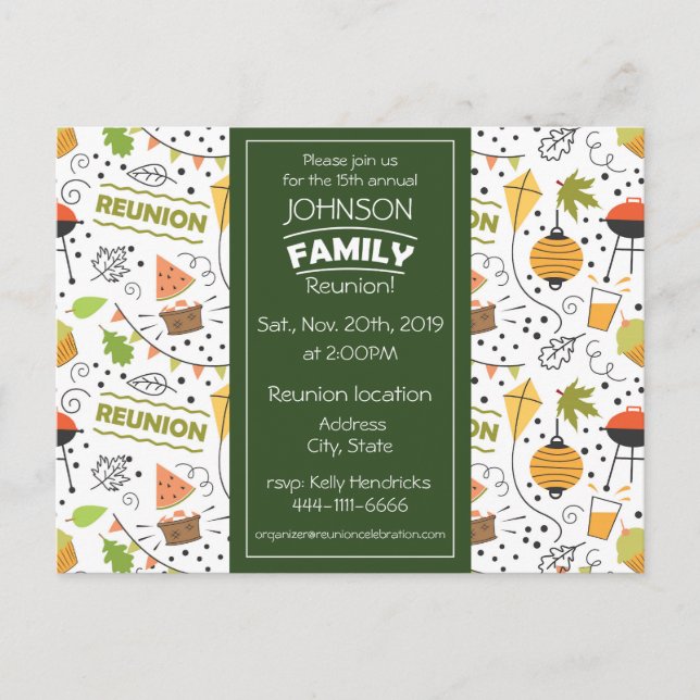 Family reunion design with colorful background inv postcard (Front)