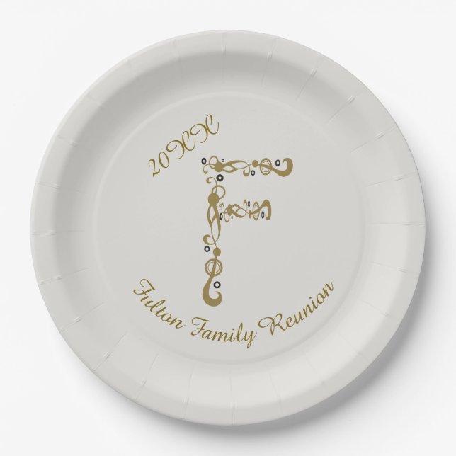 Family Reunion Elegant Gold Letter F Monogram Paper Plates (Front)