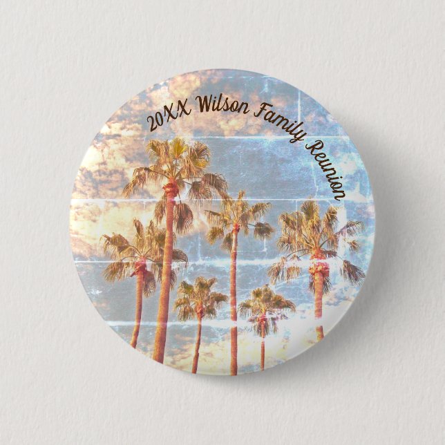 Family Reunion Faded Photo Palm Trees Paradise Button (Front)