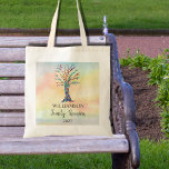 Family Reunion Family Tree  Tote Bag<br><div class="desc">These Family Reunion Tote Bags are decorated with a mosaic family tree in the colors of the rainbow on a watercolor background. Customize them with your family name and the year. Because we create our own artwork you won't find this exact image from other designers. Original Mosaic and Watercolor ©...</div>