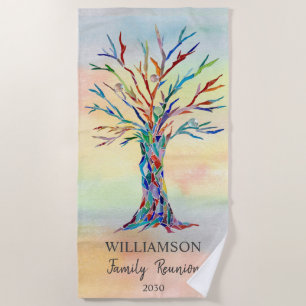 Family Reunion Family Tree Watercolor Beach Towel