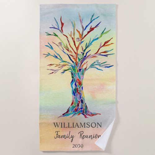 Family Reunion Family Tree Watercolor Beach Towel