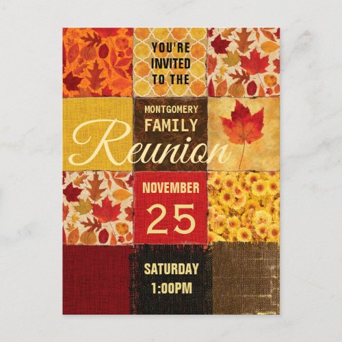 Family Reunion Farmhouse Autumn Patchwork Quilt Invitation Postcard