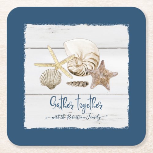 Family Reunion Gather Together Seaside Sea Shells Square Paper Coaster