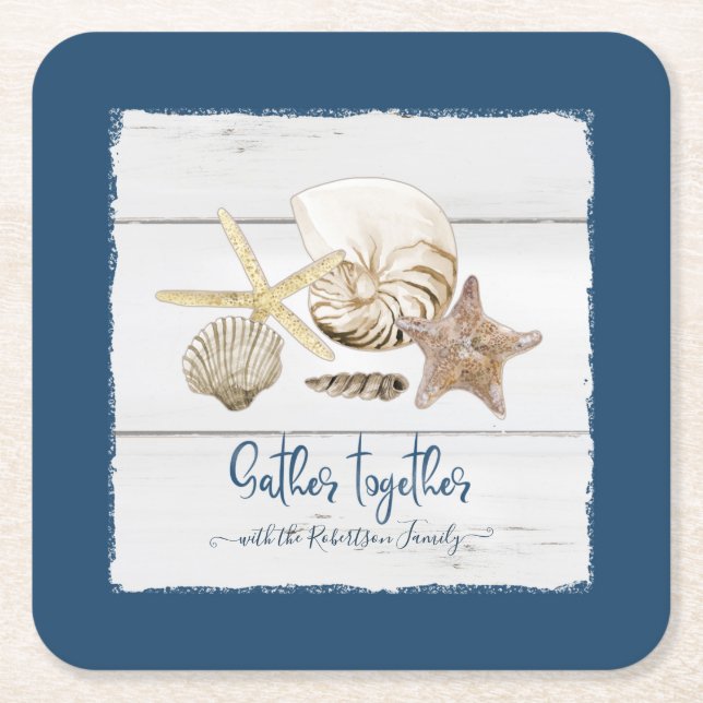 Family Reunion Gather Together Seaside Sea Shells Square Paper Coaster (Front)
