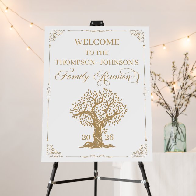 Family Reunion Gold and white welcome sign (In Situ (Stand))