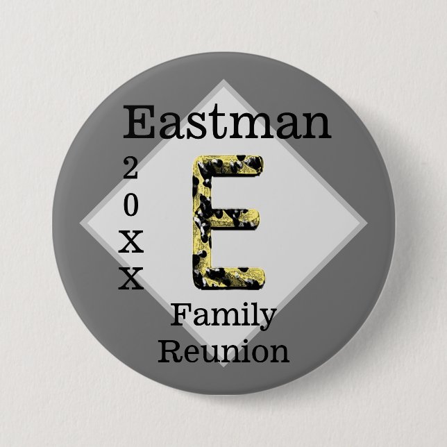 Family Reunion Gold Black Letter E Monogram Button (Front)