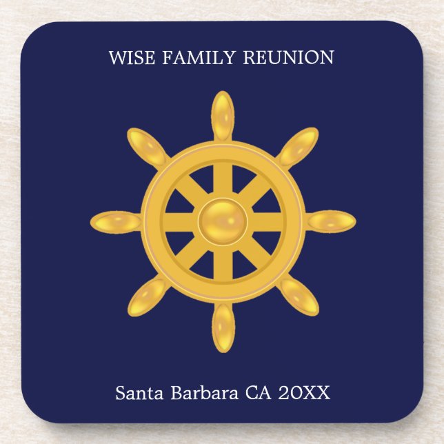 Family Reunion & Golden Ship Wheel on Navy Blue  C Beverage Coaster (Front)