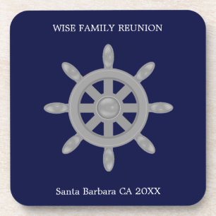 Family Reunion & Gray Ship Wheel on Navy Blue Beverage Coaster