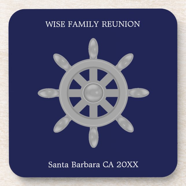 Family Reunion & Gray Ship Wheel on Navy Blue Beverage Coaster (Front)