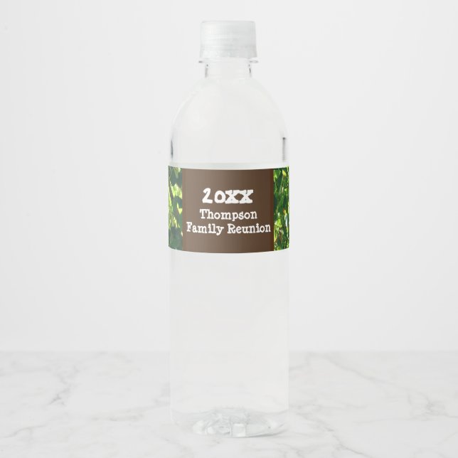 Family Reunion Green Leaves Tree Branches Picnic Water Bottle Label (Front)