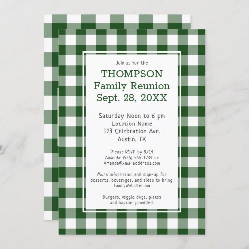 Family Reunion Green White Buffalo Check Party Invitation