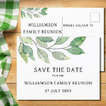 Family Reunion Greenery Save The Date Announcement Postcard<br><div class="desc">Send save-the-date information for your family reunion with these stylish postcards. They are decorated with a modern, minimalist foliage design in shades of green. Easily customizable. Coordinating reunion invitations and party supplies are also available in my store. Use the Design Tool to change the text size, style, or color. Because...</div>