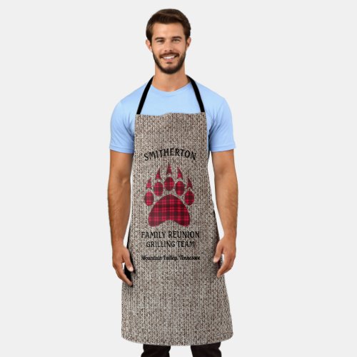 Family Reunion Grill Rustic Burlap Checkered Bear Apron